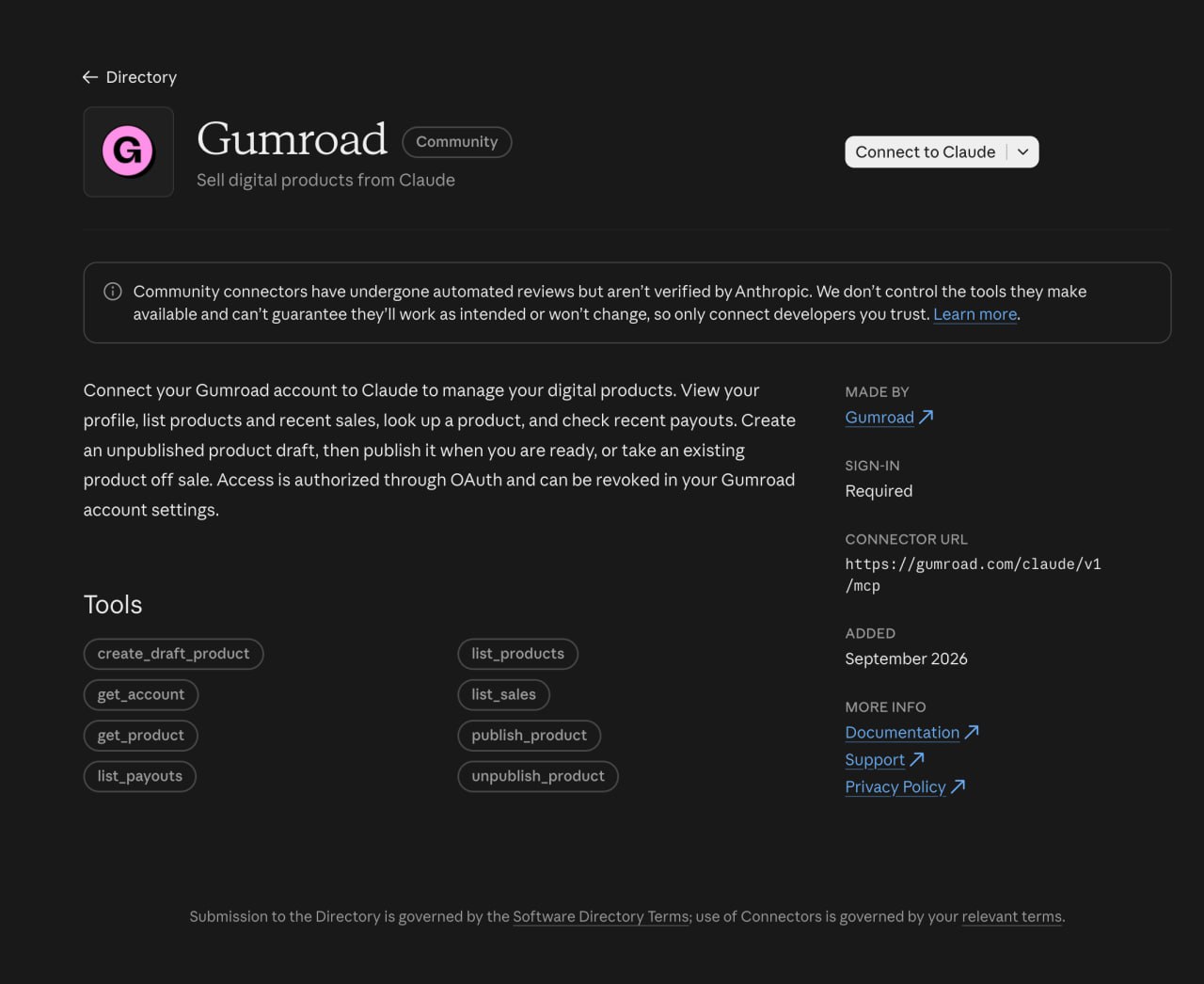 Gumroad connector running inside Claude