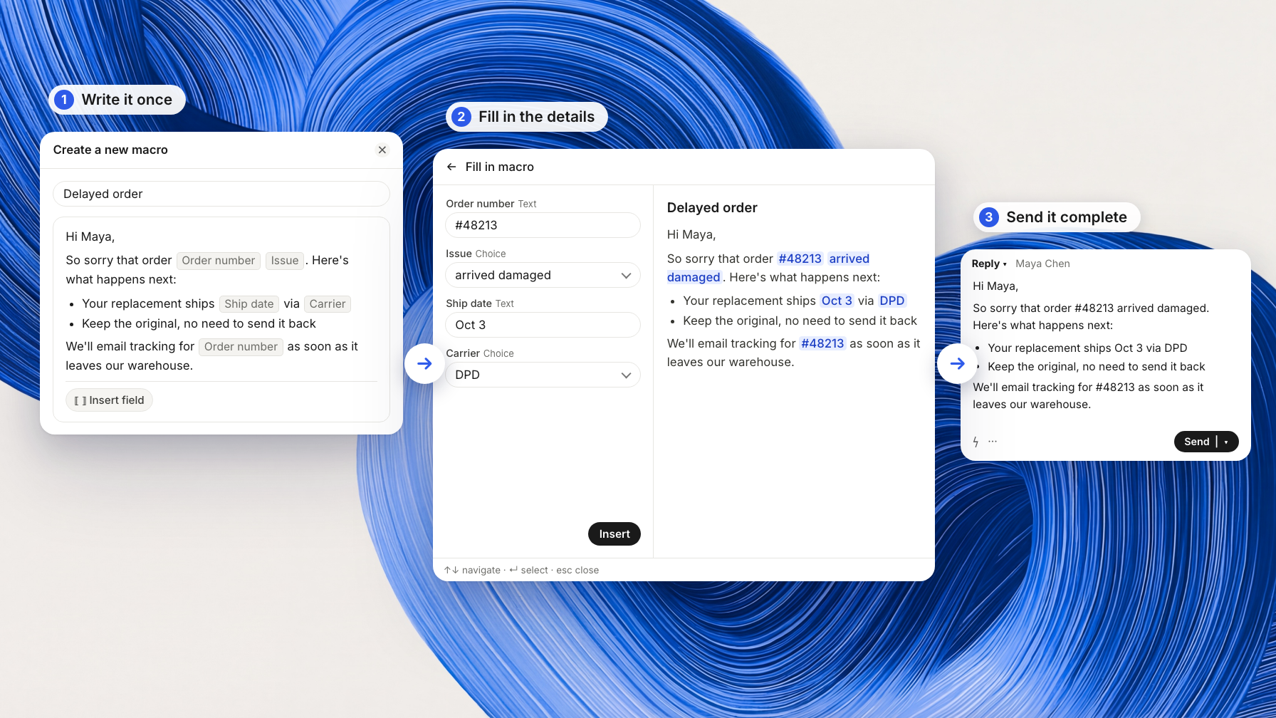 Intercom macro fill-in fields form