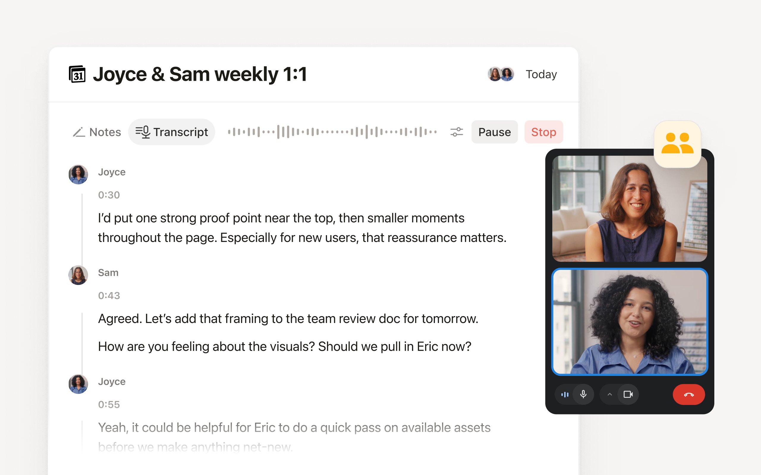 Notion meeting transcript with named speakers beside a video call