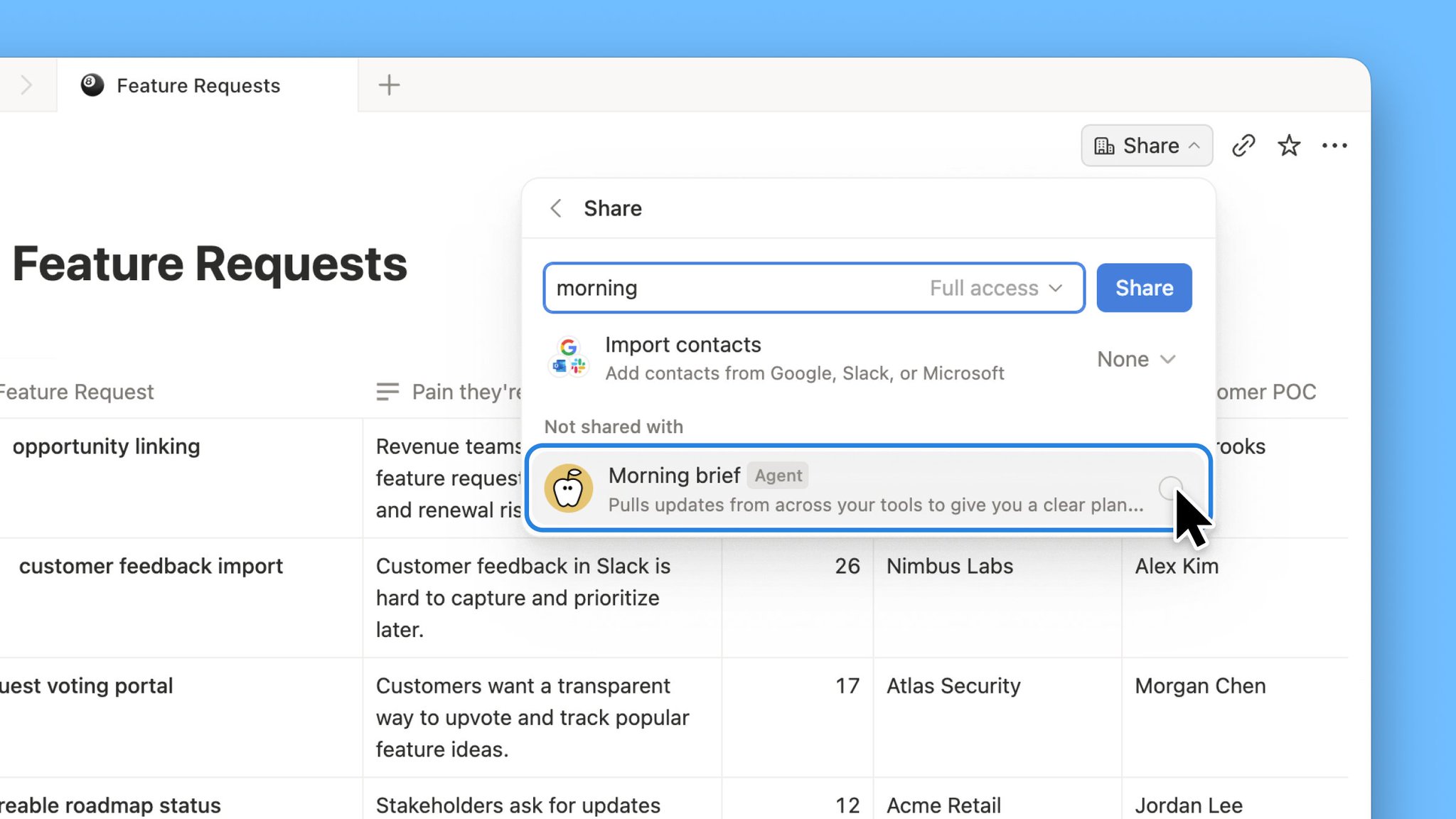 Notion screenshot showing the Share menu with a Custom Agent as a share recipient