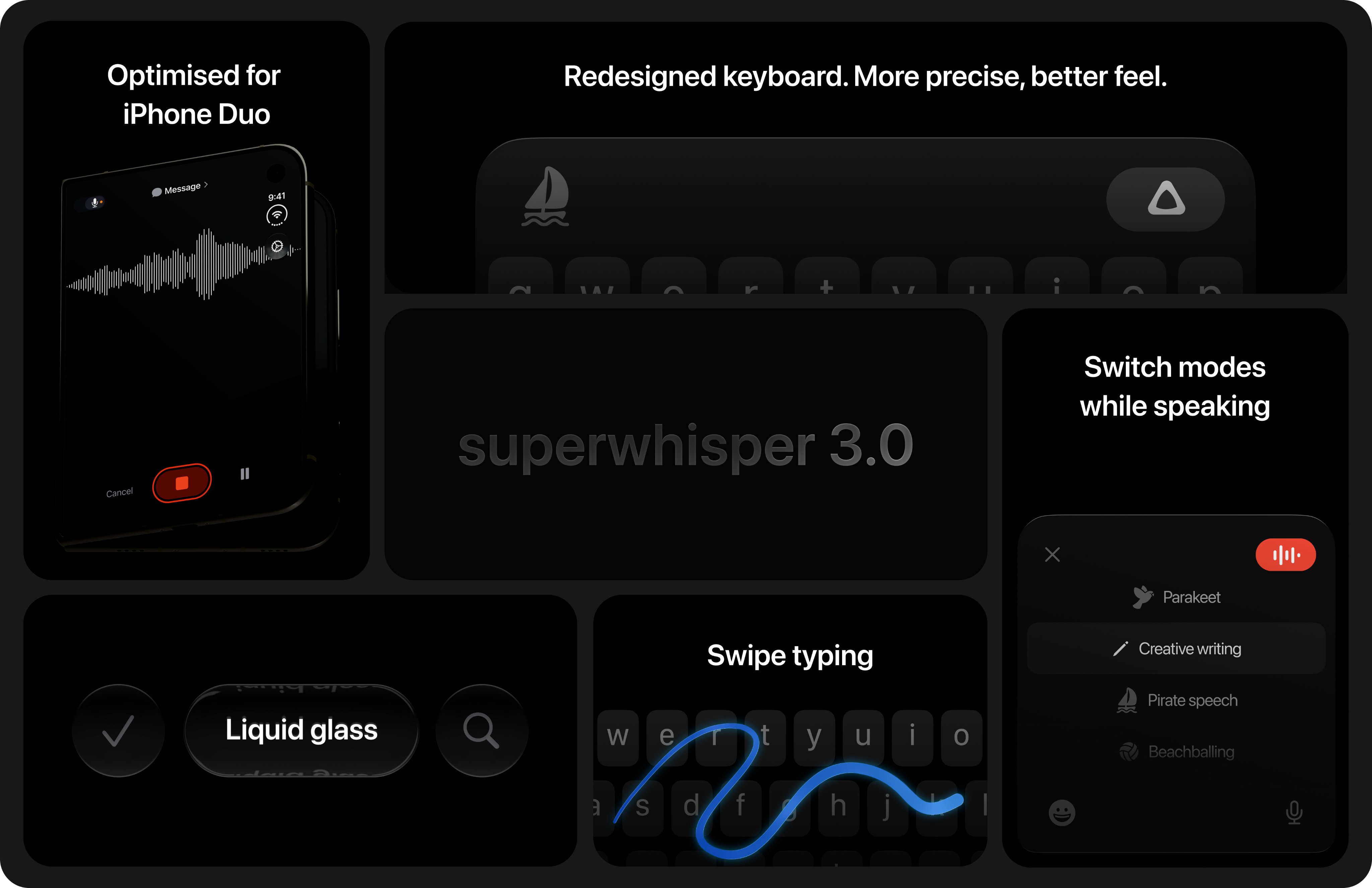 Superwhisper 3.0 announcement cards for the iOS keyboard, swipe typing, and iPhone Duo