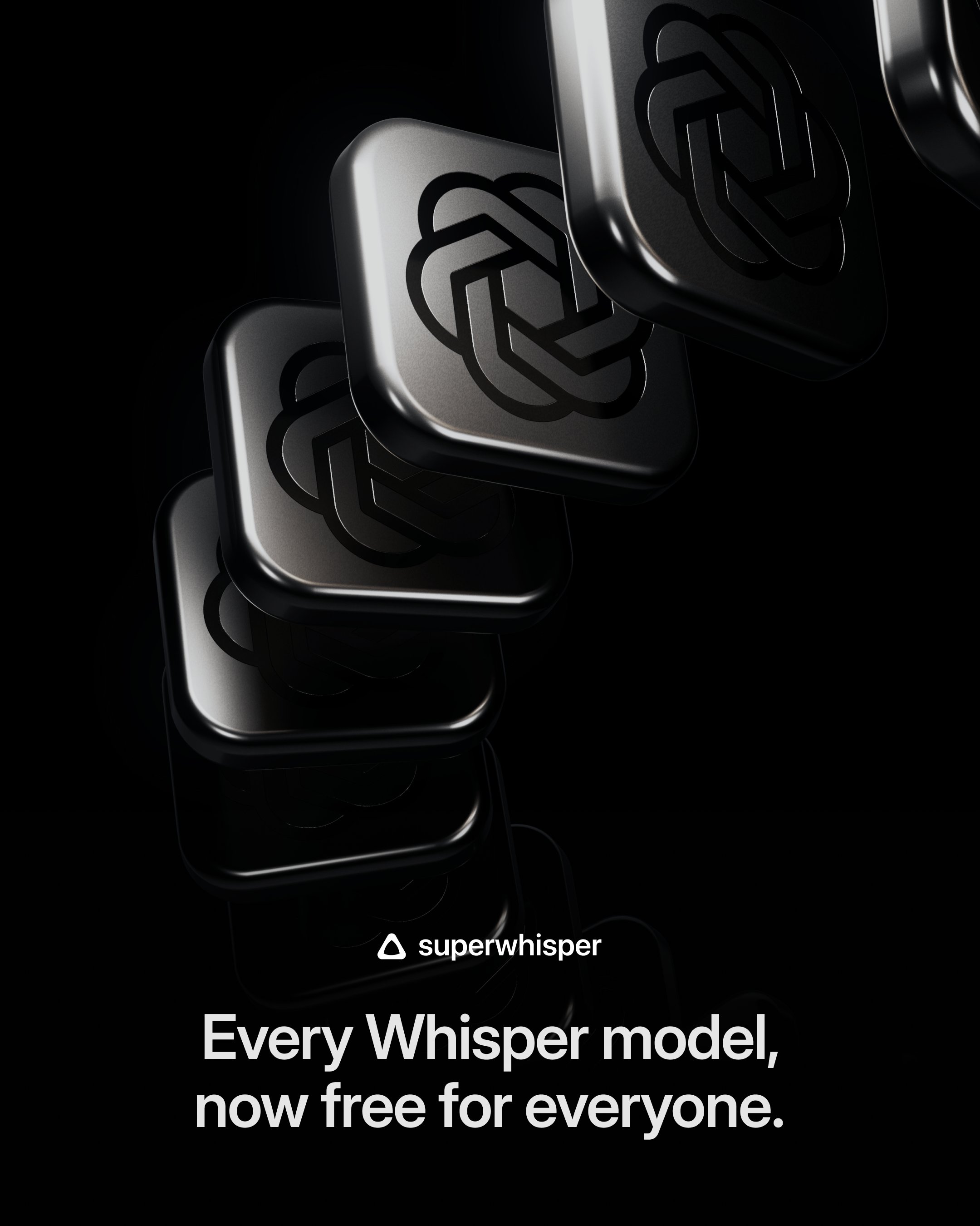 Superwhisper graphic reading Every Whisper model, now free for everyone