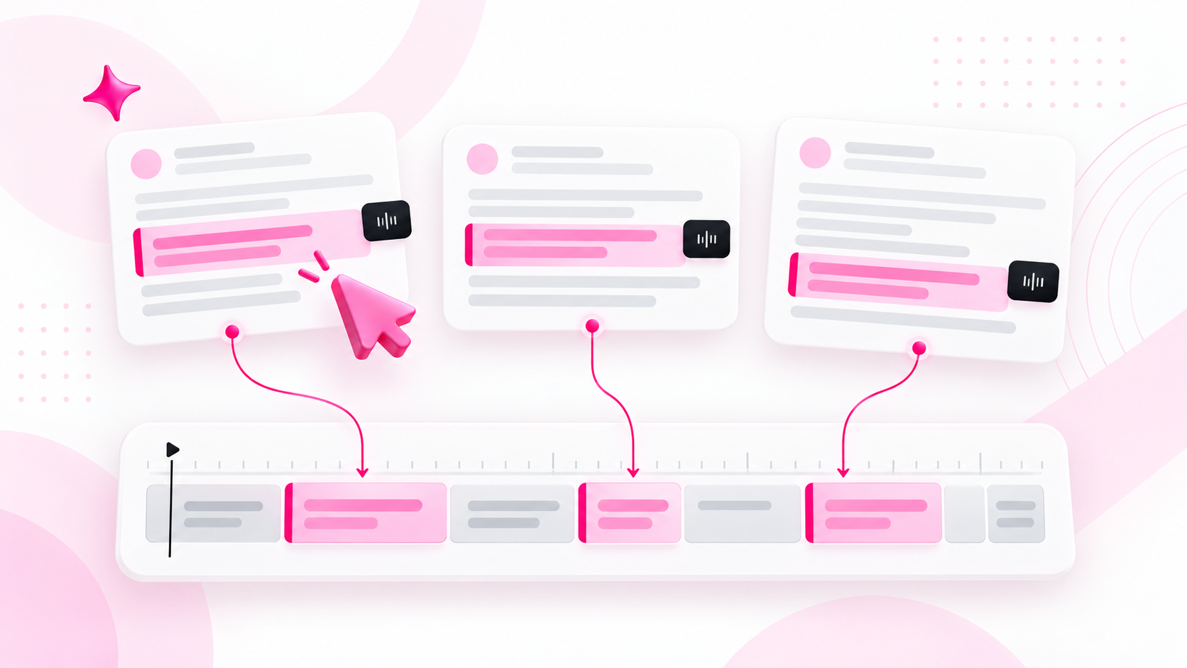 Conceptual illustration: Highlighted transcript cards connected to matching blocks on an editing timeline.