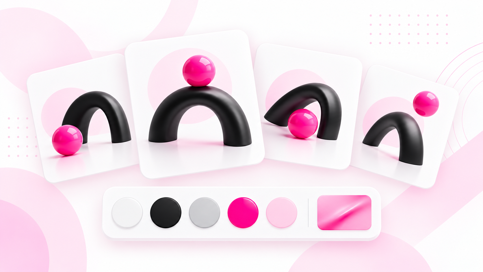 Conceptual illustration: Reference cards showing a black arch and pink sphere above palette swatches.
