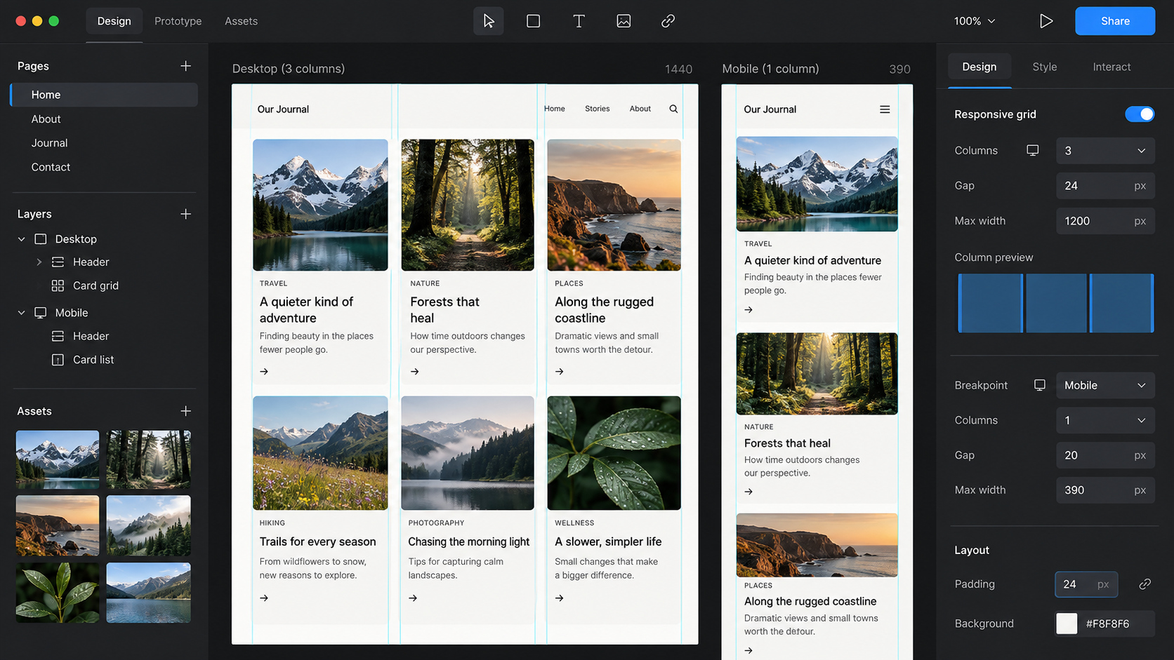 Conceptual design editor comparing responsive card grids at desktop and mobile widths.