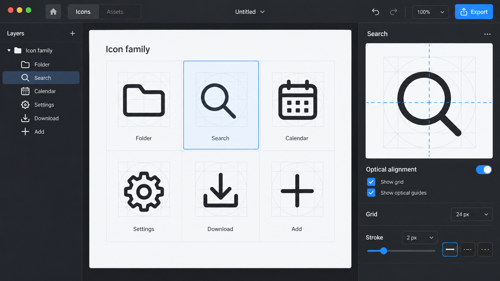 Conceptual vector editor showing a consistent icon family and optical alignment guides.