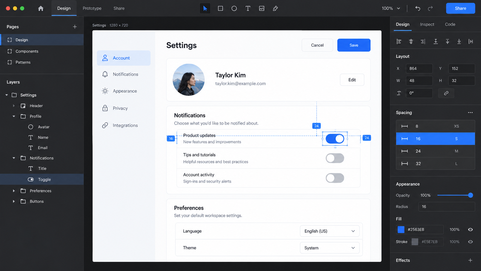 Conceptual layout editor showing a settings page with spacing guides and spacing tokens.
