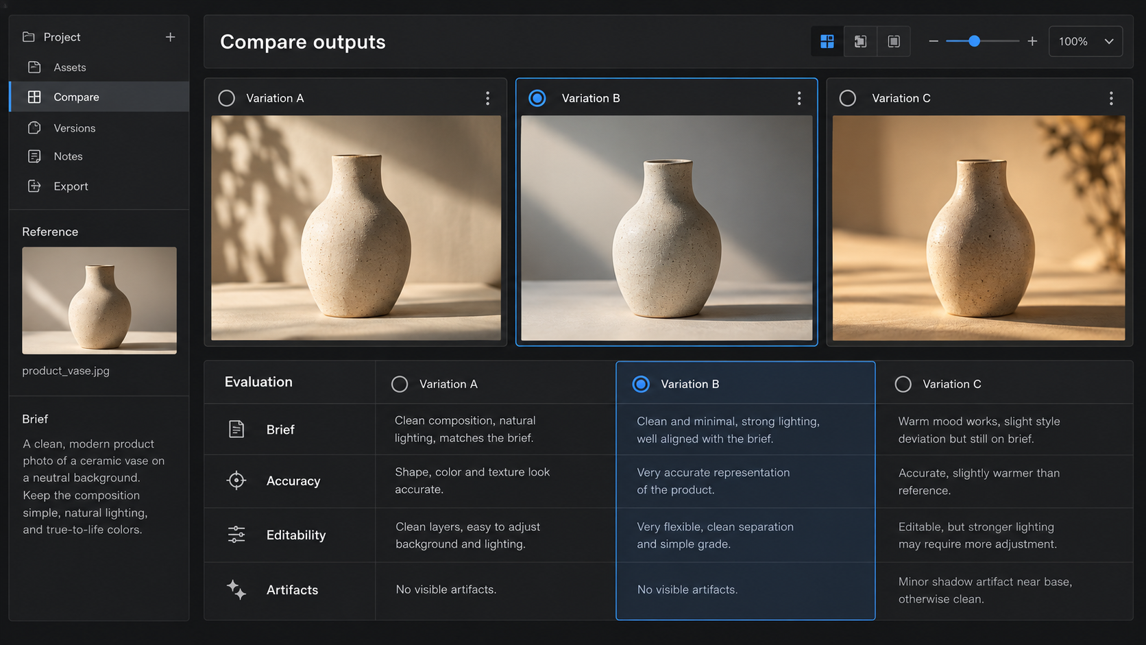Conceptual review interface comparing three image outputs against a repeatable rubric.
