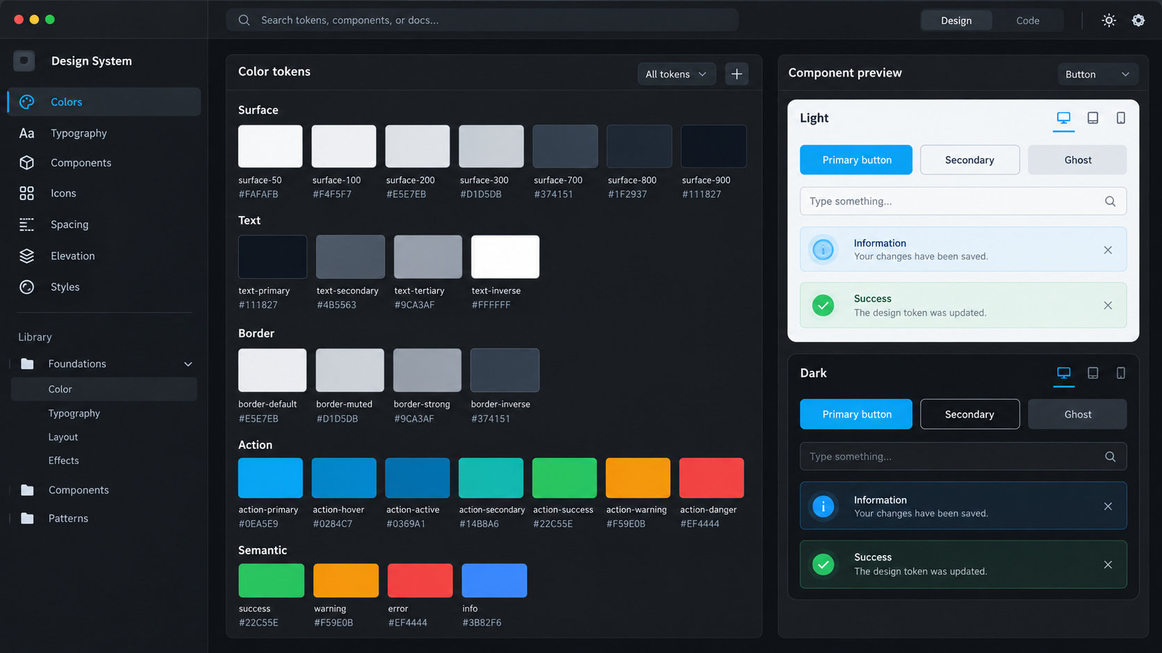Conceptual color-token editor with semantic swatches and paired light and dark component previews.