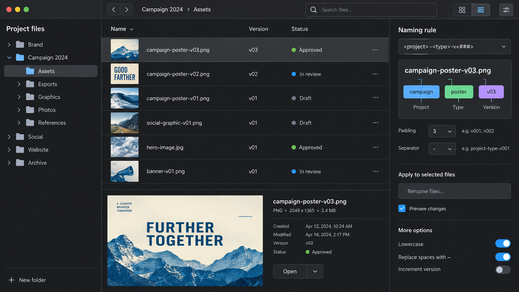Conceptual project file manager showing consistent file names, versions and export states.