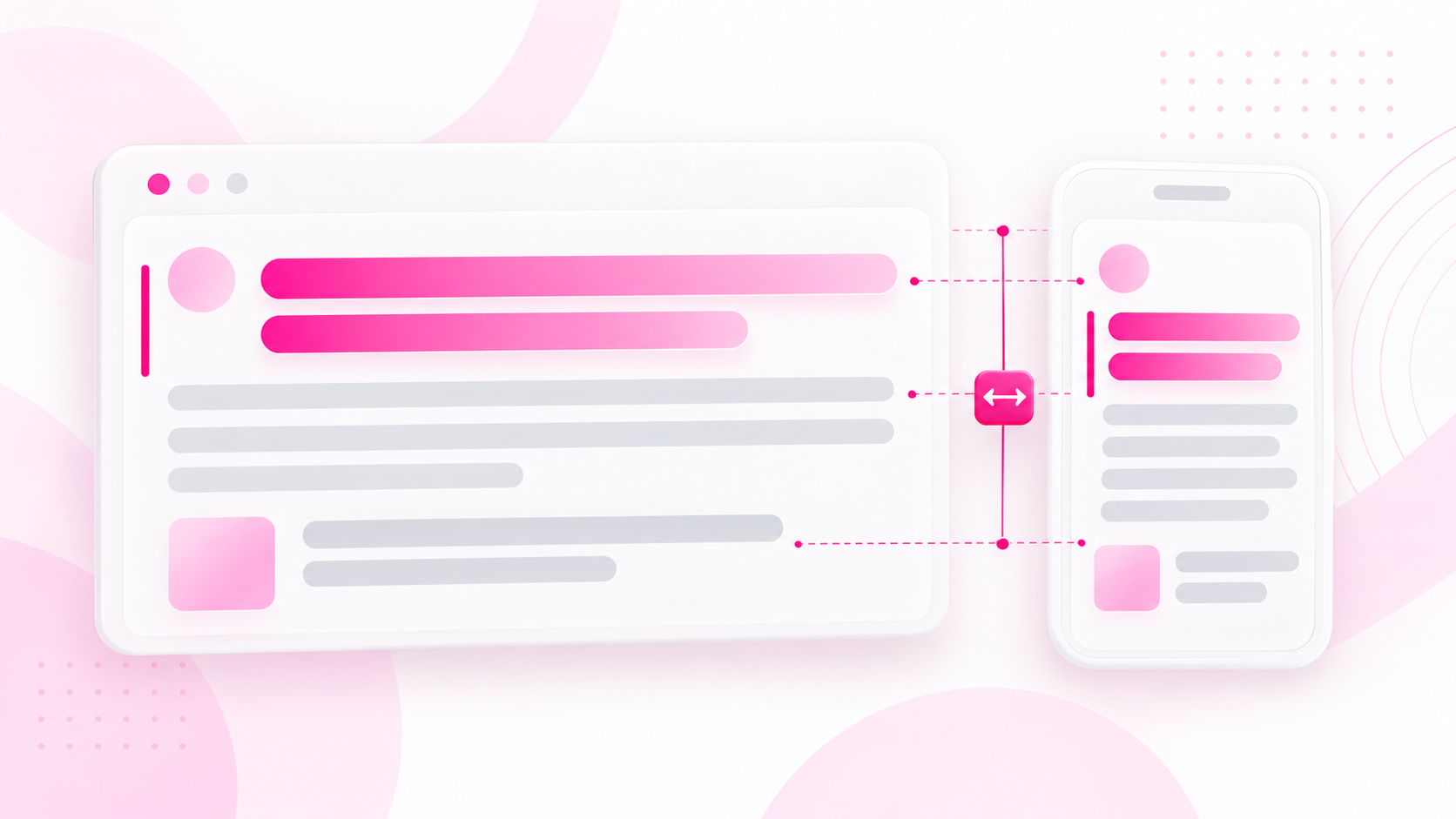 Conceptual illustration: Wide page and phone frames connected by pink text hierarchy guides.