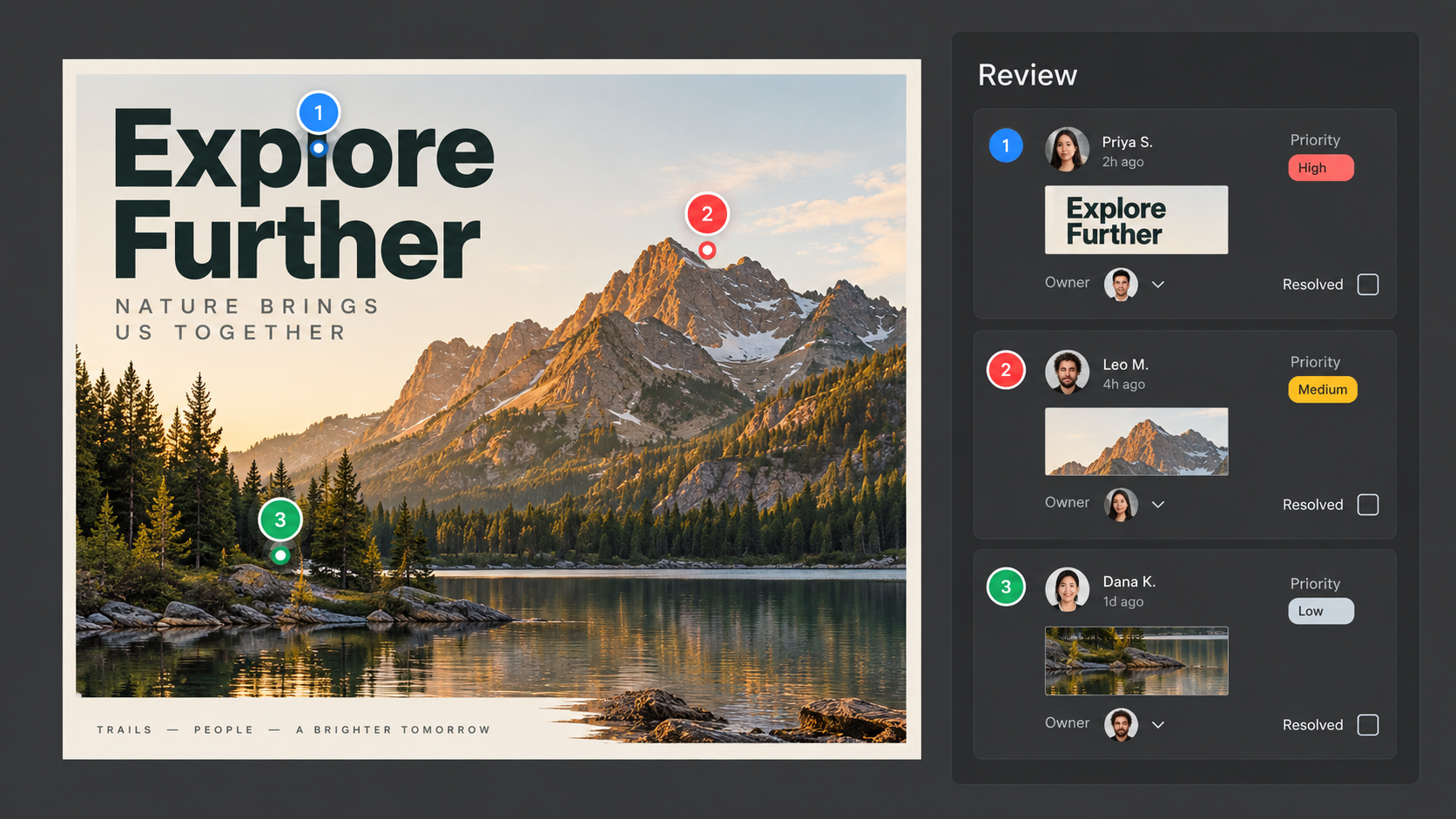 Conceptual creative review interface with anchored comments, priorities and assigned feedback.