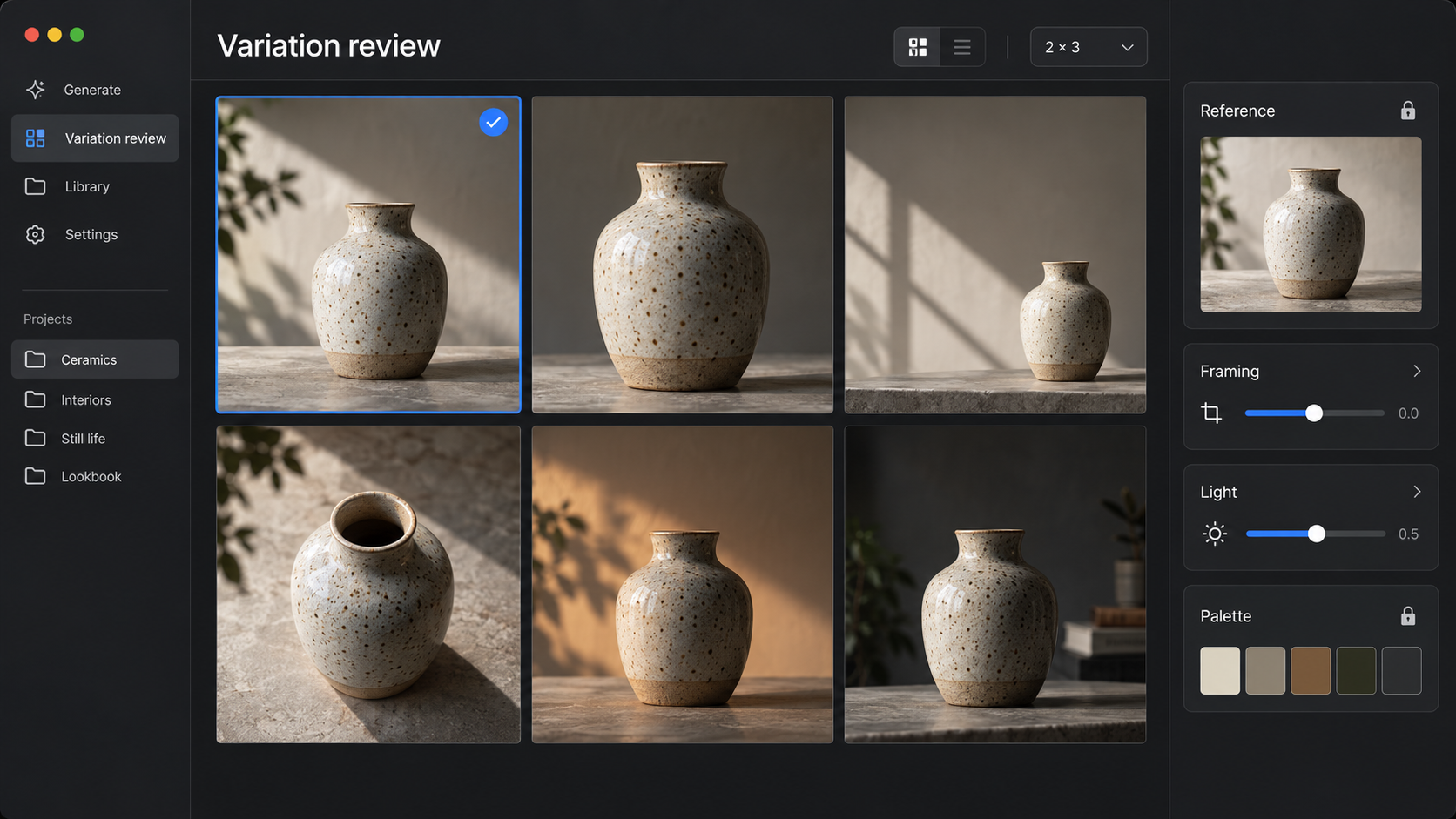 Conceptual variation review showing a consistent image series, a reference and palette controls.