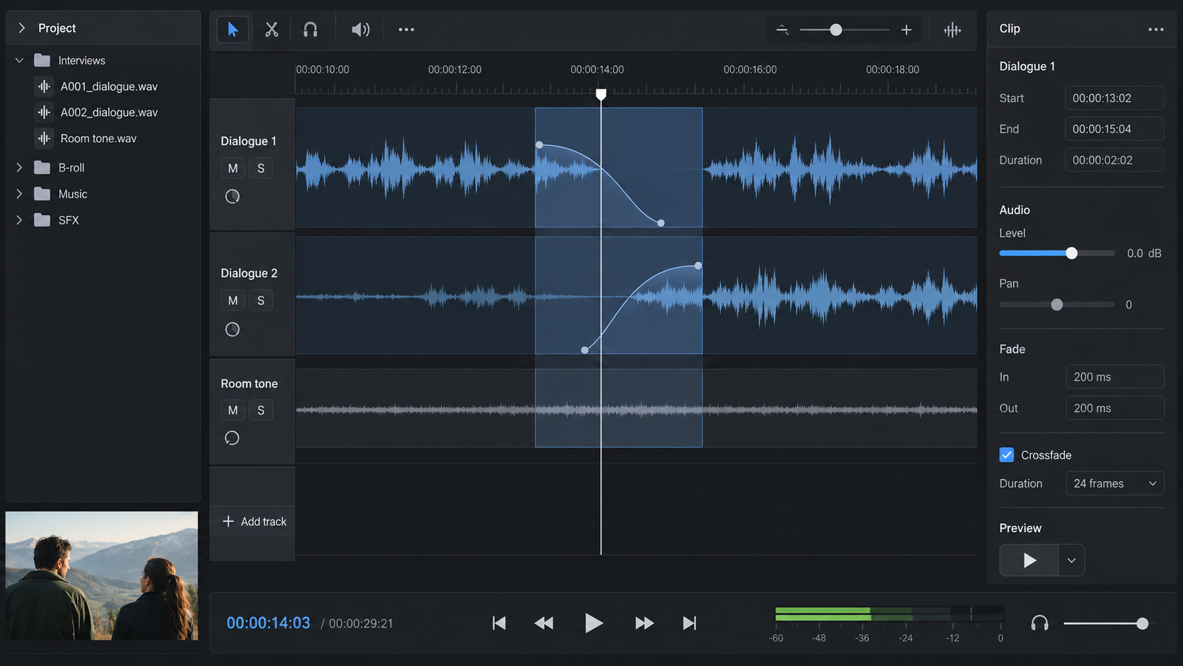 Conceptual audio editor showing dialogue clips joined with a room-tone track and crossfades.