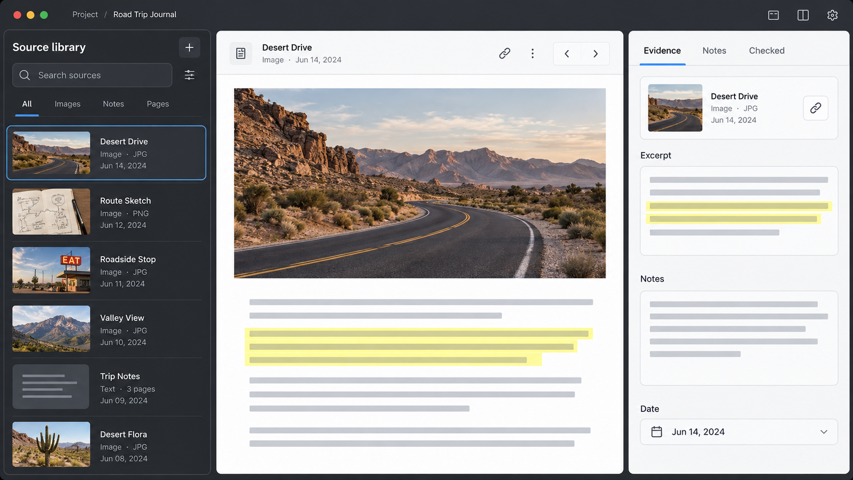 Conceptual research library with source cards, a highlighted passage, and an evidence note.