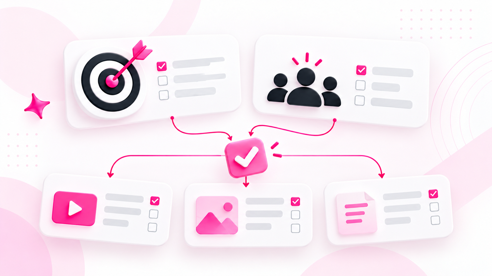 Conceptual illustration: A target and reviewer group connected to three deliverable checklists.