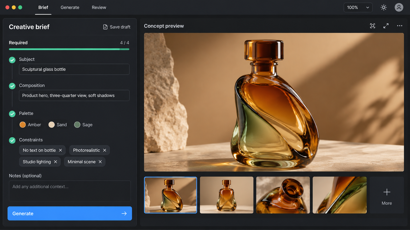 Conceptual creative briefing interface with requirements and a reviewed image concept.