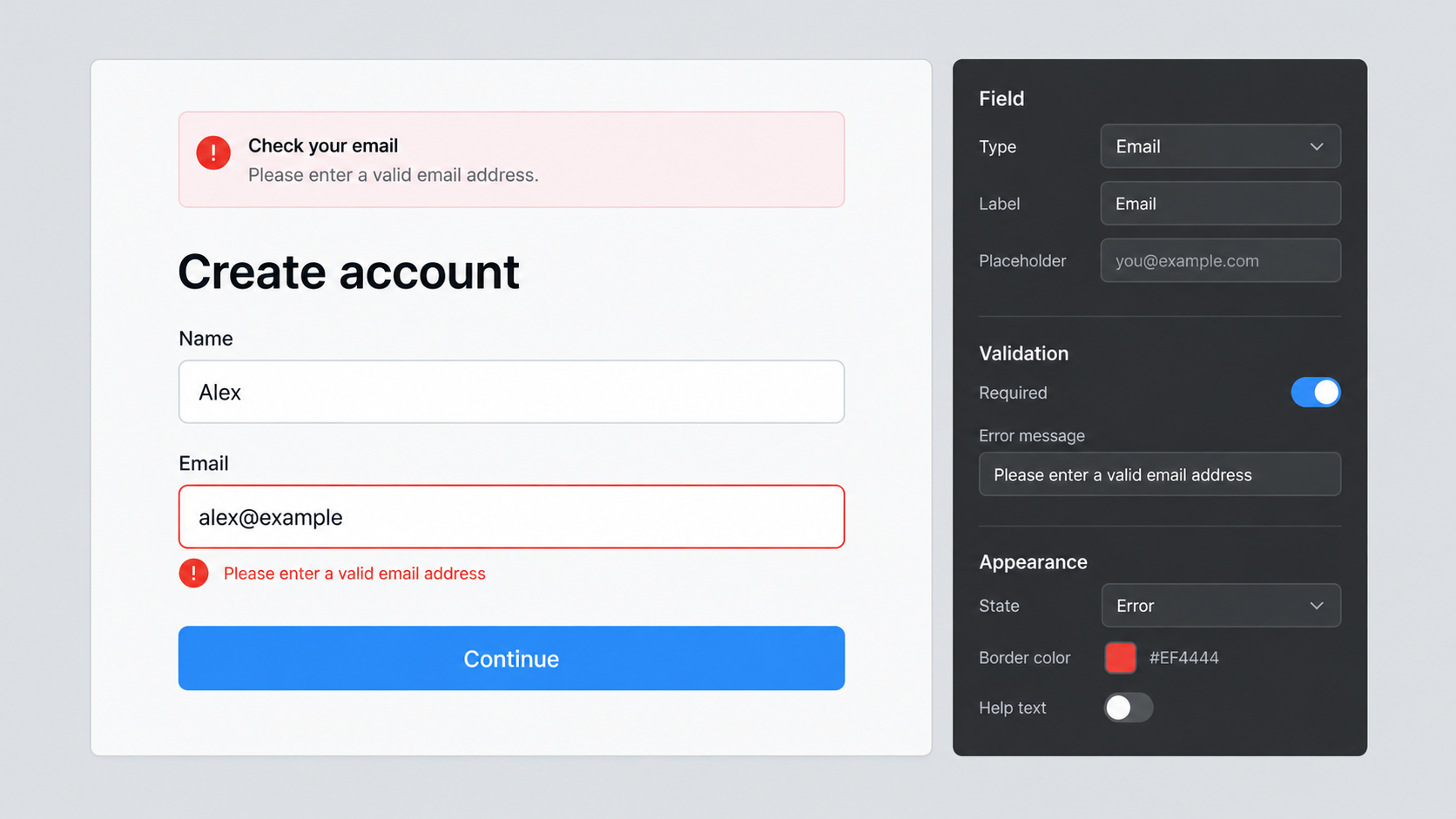 Conceptual form interface retaining inputs and showing an actionable email validation error.